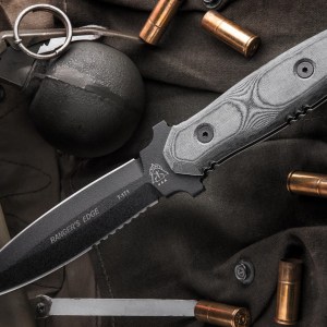 TOPS Ranger’s Edge double-edge fixed blade knife with black traction-coated 1095 steel blade and Micarta handle