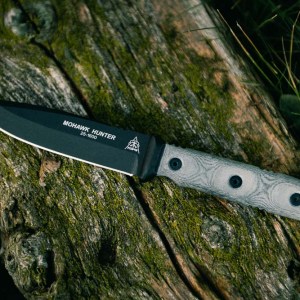 TOPS Mohawk Hunter fixed blade knife with 5-inch 1095 carbon steel blade and black Micarta handle.