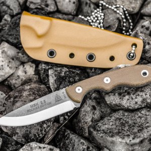 TOPS Mini Scandi Rockies Edition fixed blade knife with 1095 carbon steel blade, tumble finish, green Micarta handle, and tan Kydex sheath.